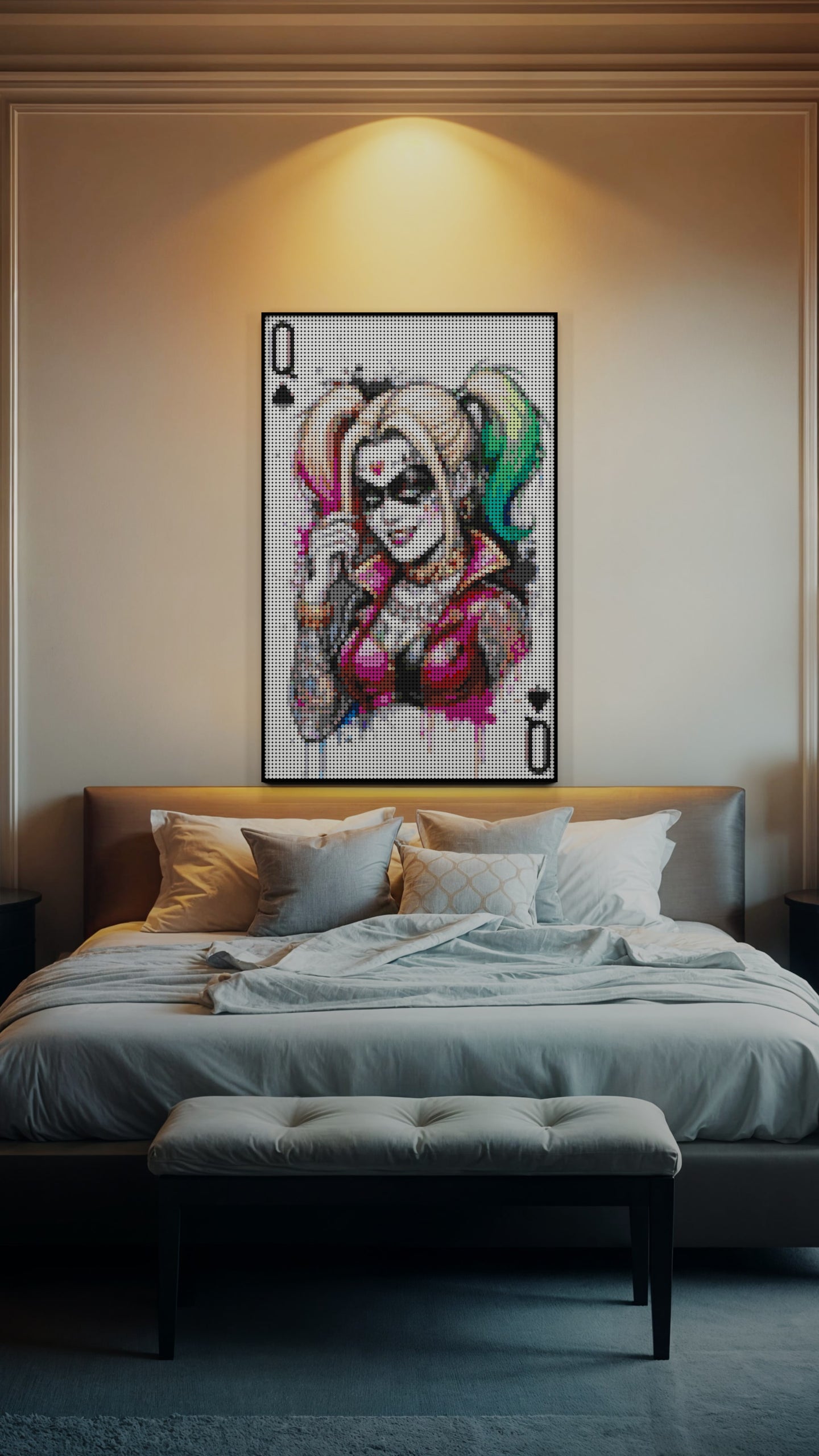Harley Quinn DC Joker LEGO® Style mosaic wall art made from colorful plastic bricks